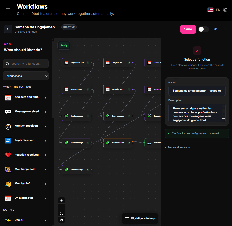 Screenshot of the 9bot visual Workflow editor in English