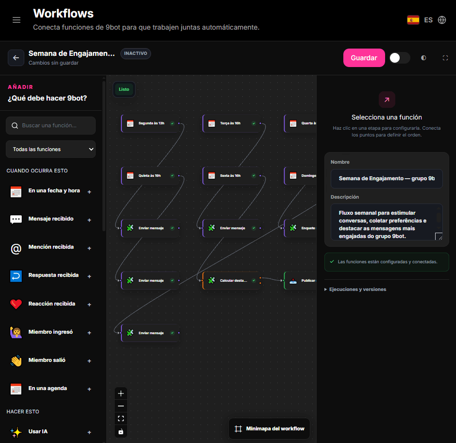 Captura del editor visual de Workflows de 9bot en español