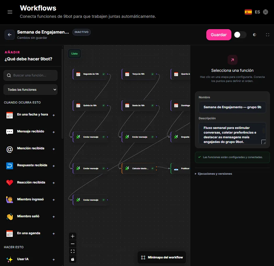 Captura del editor visual de Workflows de 9bot en español