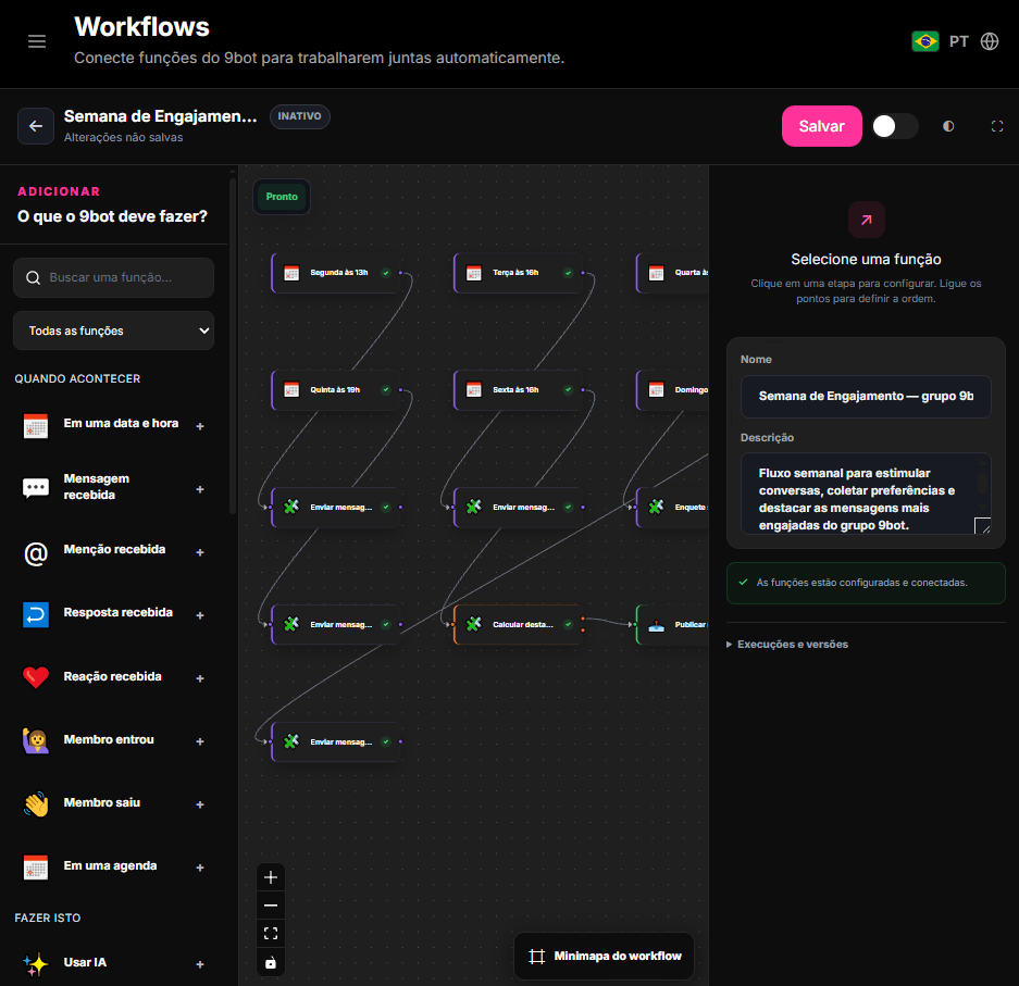 Captura do editor visual de Workflows do 9bot em português