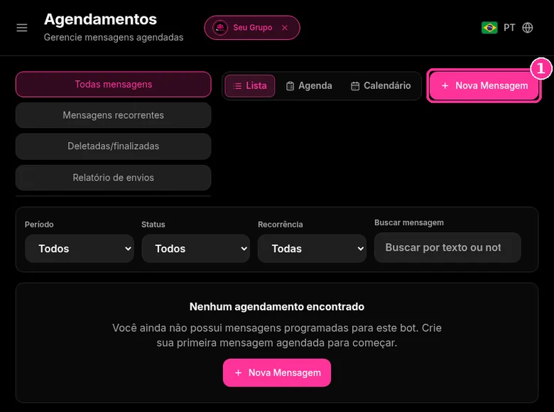 Tela Agendamentos do 9bot com abas, filtros e o botão Nova Mensagem