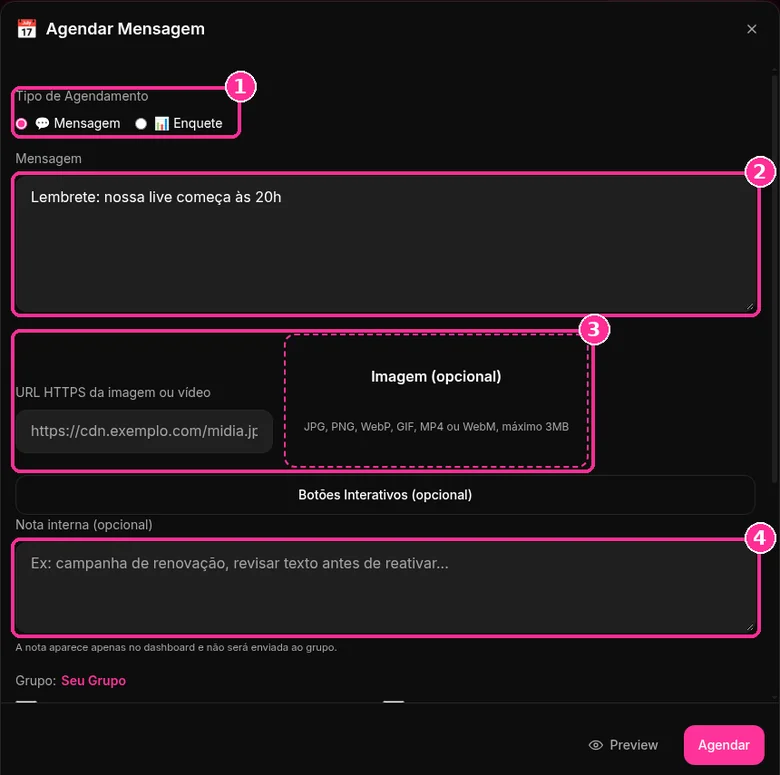 Formulário Agendar Mensagem do 9bot com tipo, texto, mídia opcional e nota interna