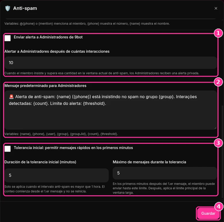 Alerta a Administradores de 9bot, mensaje predeterminado y tolerancia inicial en el Anti-spam