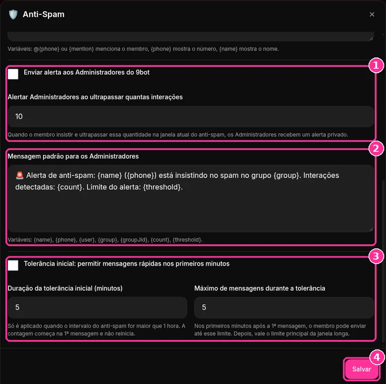 Alerta aos Administradores do 9bot, mensagem padrão e tolerância inicial no Anti-Spam
