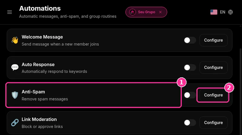 Anti-Spam card on the 9bot Automations screen with the Configure button