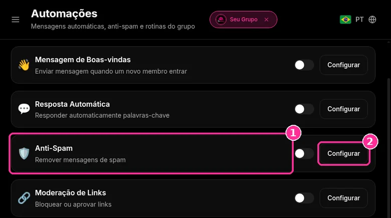 Card Anti-Spam na tela Automações do 9bot com o botão Configurar