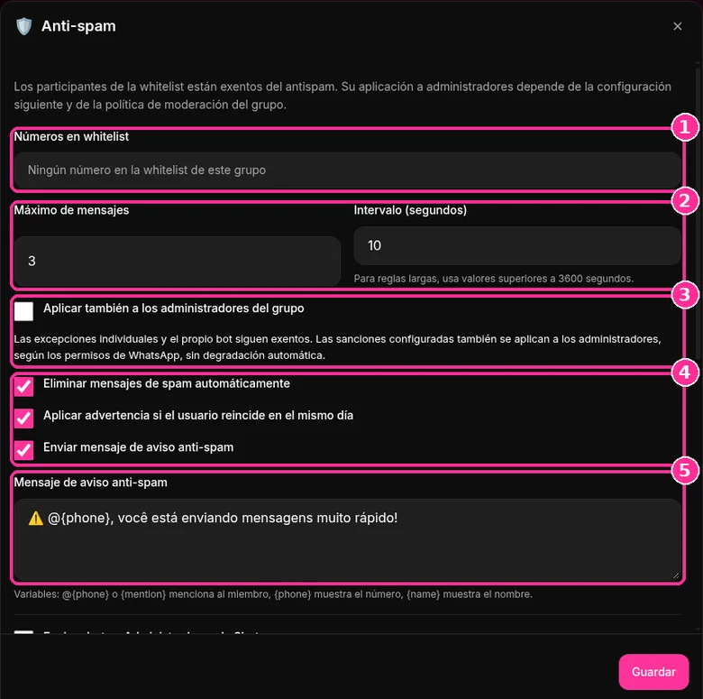 Reglas del Anti-spam de 9bot con whitelist, máximo de 3 mensajes en 10 segundos y mensaje de aviso