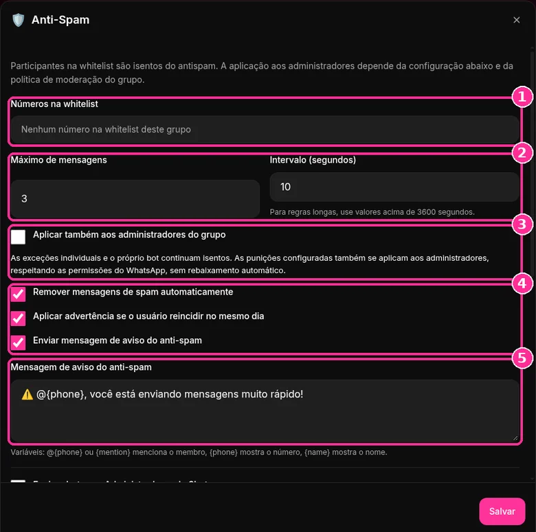 Regras do Anti-Spam do 9bot com whitelist, máximo de 3 mensagens em 10 segundos e mensagem de aviso