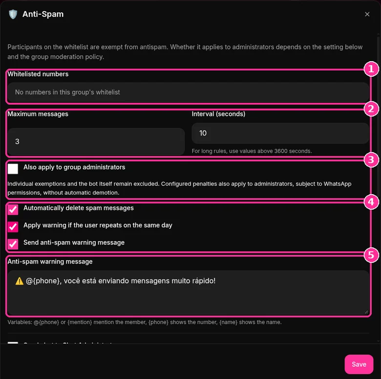 9bot Anti-Spam rules with whitelist, maximum of 3 messages in 10 seconds and warning message