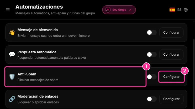 Tarjeta Anti-Spam en la pantalla Automatizaciones de 9bot con el botón Configurar