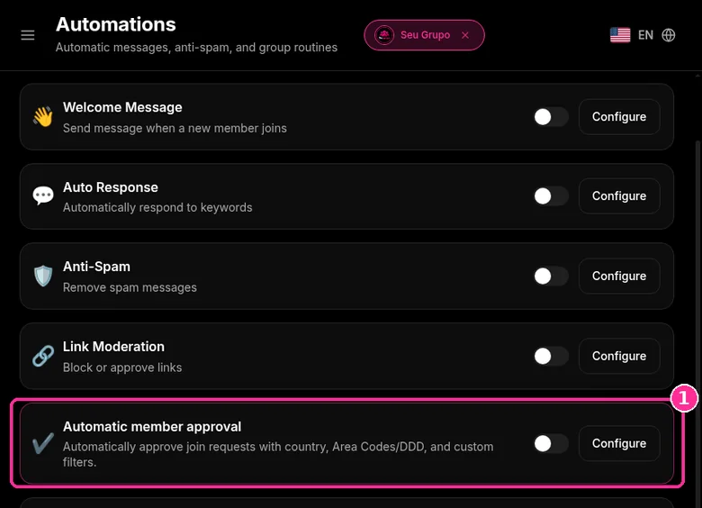Automatic member approval card in the 9bot Automations list, group Seu Grupo