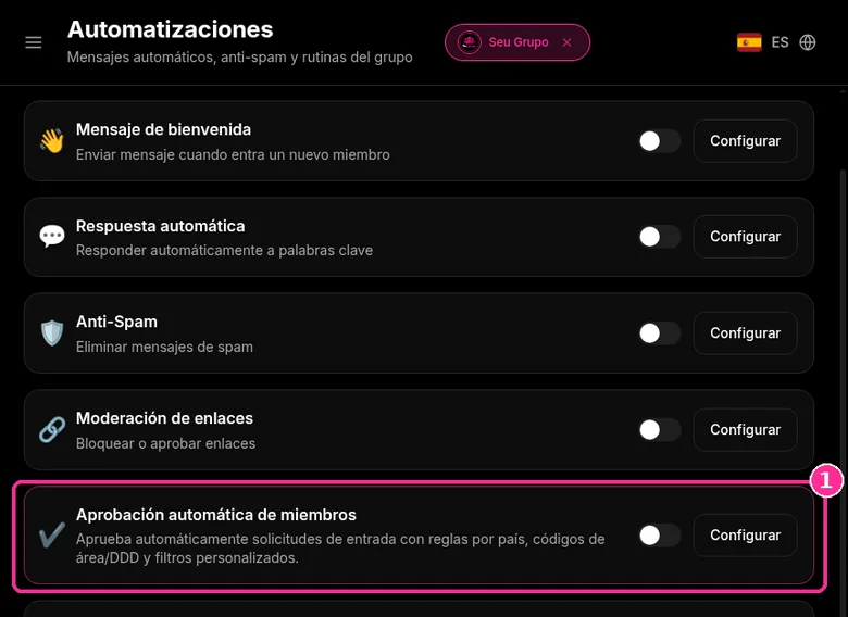 Tarjeta Aprobación automática de miembros en la lista de Automatizaciones de 9bot, grupo Seu Grupo