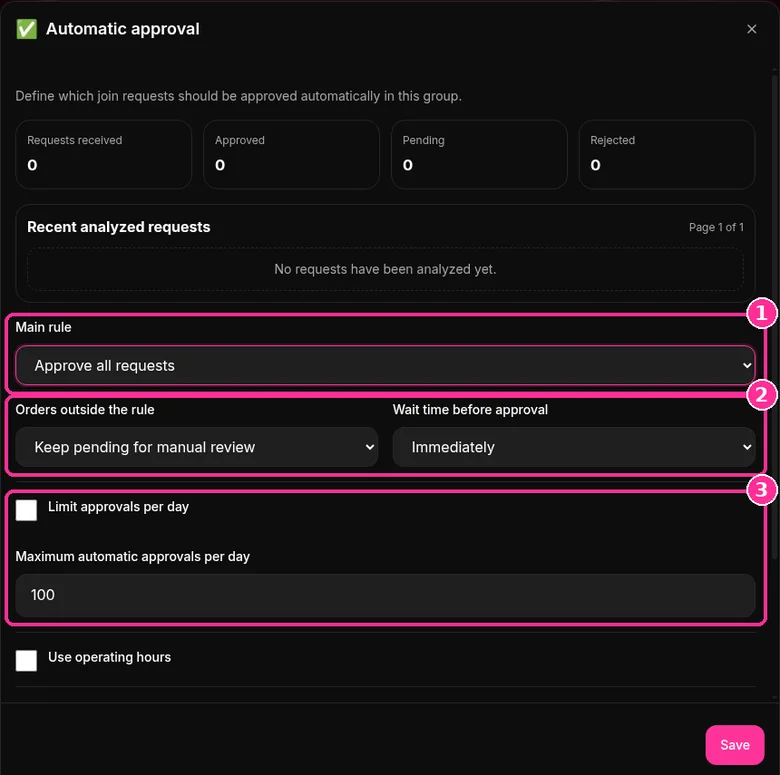 9bot Automatic approval window with counters, Main rule, out of rule requests, wait time and daily limit