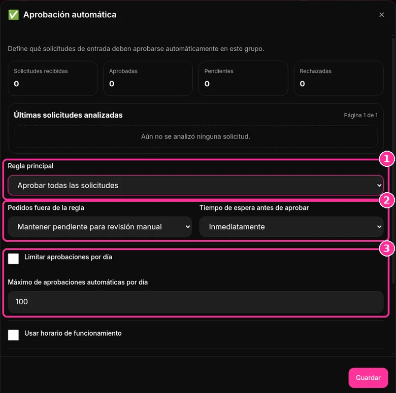 Ventana Aprobación automática de 9bot con contadores, Regla principal, pedidos fuera de la regla, tiempo de espera y límite diario