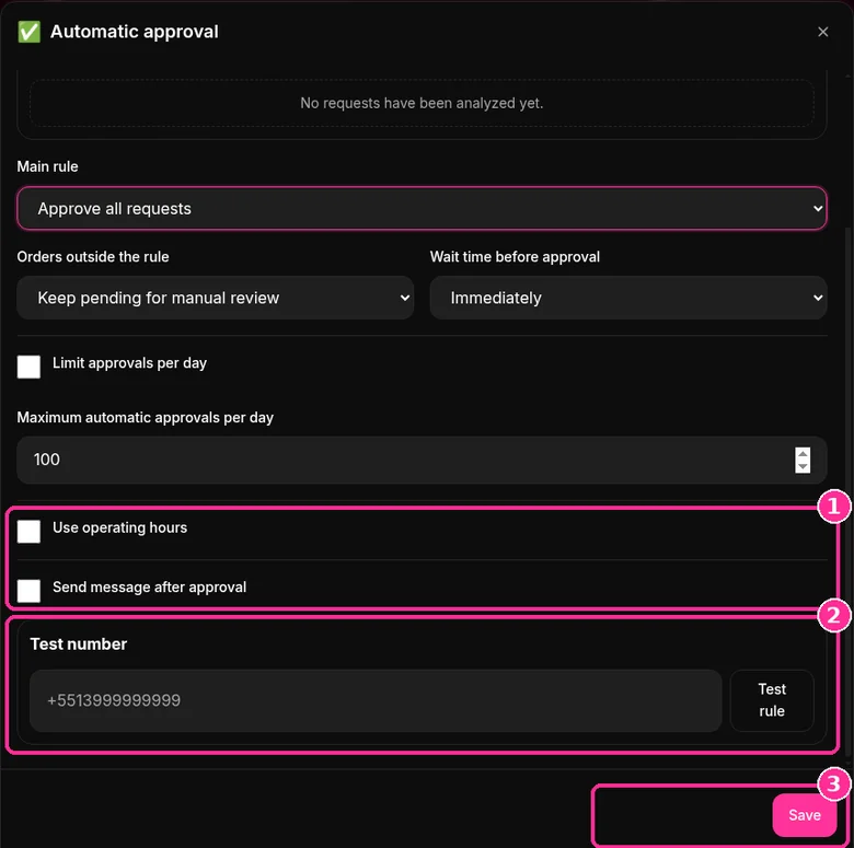 Operating hours and message after approval options, Test number field and Save button in 9bot