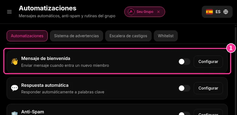 Tarjeta Mensaje de bienvenida en la lista de Automatizaciones de 9bot