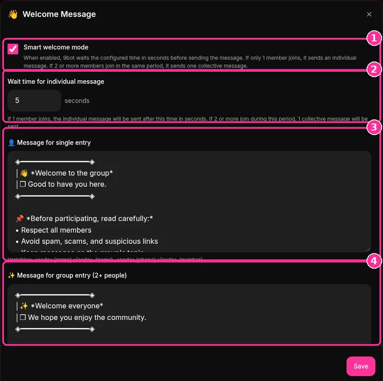 9bot Welcome Message window with smart mode, wait time and single and group entry messages
