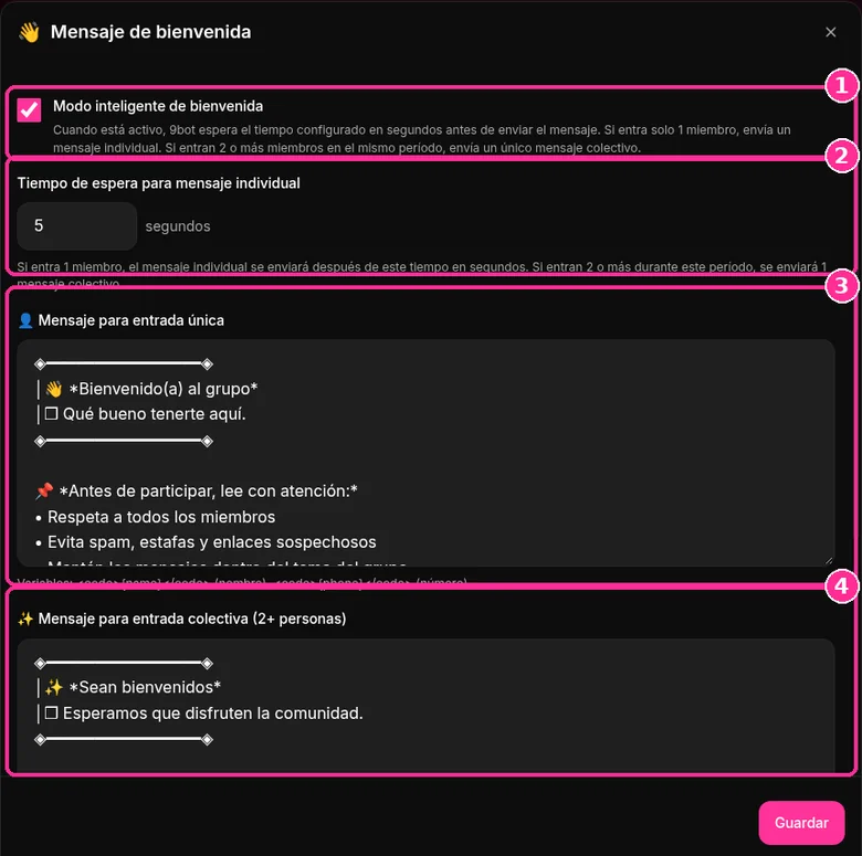 Ventana Mensaje de bienvenida de 9bot con modo inteligente, tiempo de espera y mensajes de entrada única y colectiva
