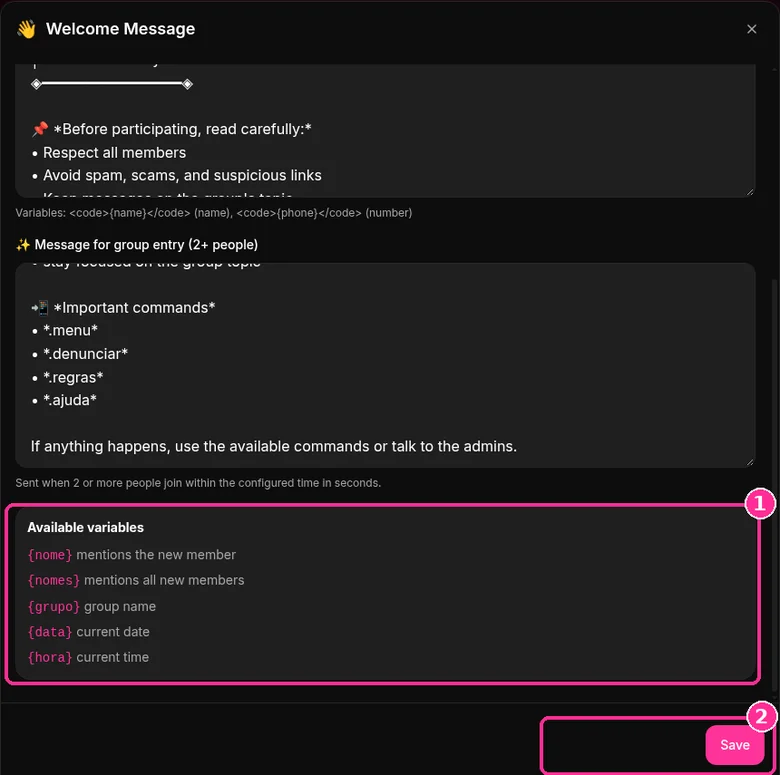 Group entry message and list of available variables in 9bot