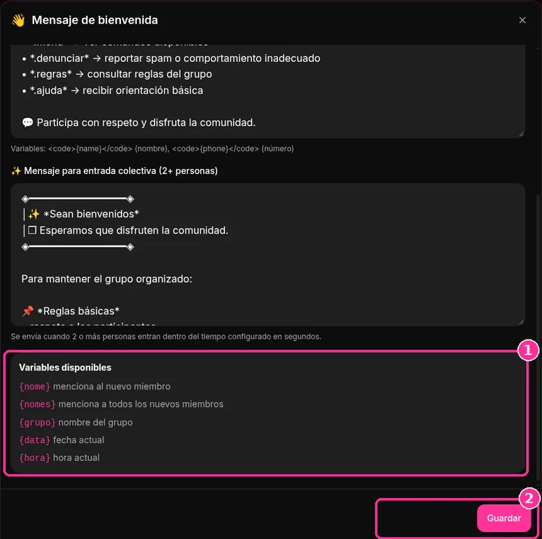 Mensaje para entrada colectiva y lista de variables disponibles en 9bot