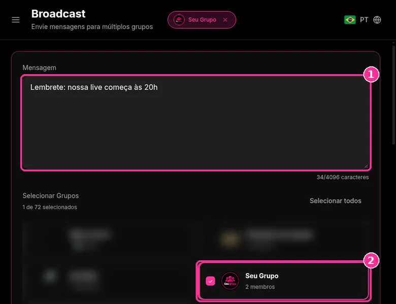 Tela Broadcast do 9bot com a mensagem escrita e o grupo Seu Grupo selecionado