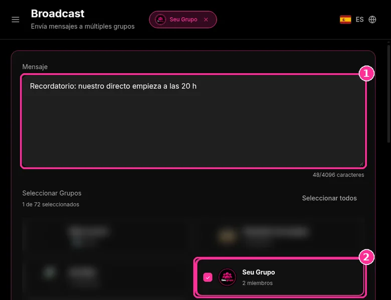 Pantalla Broadcast de 9bot con el mensaje escrito y el grupo Seu Grupo seleccionado