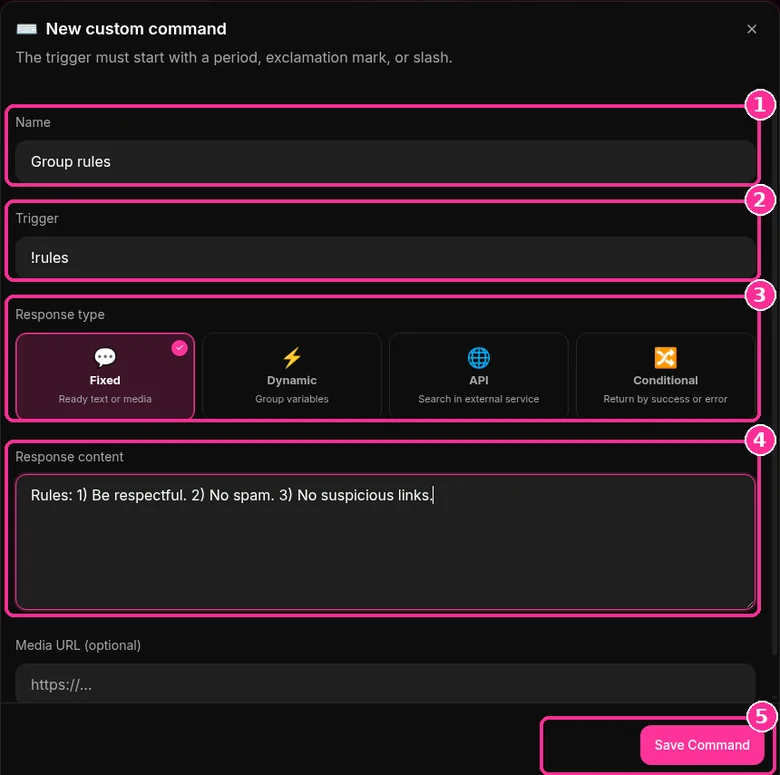 9bot New custom command window with name, trigger, response type and content