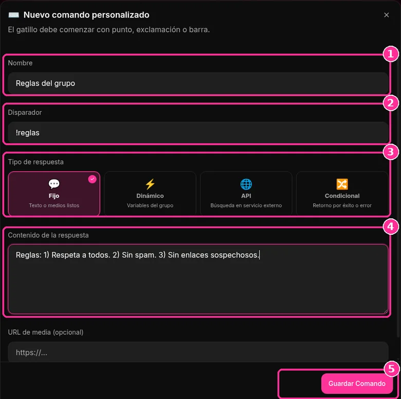 Ventana Nuevo comando personalizado de 9bot con nombre, disparador, tipo y contenido