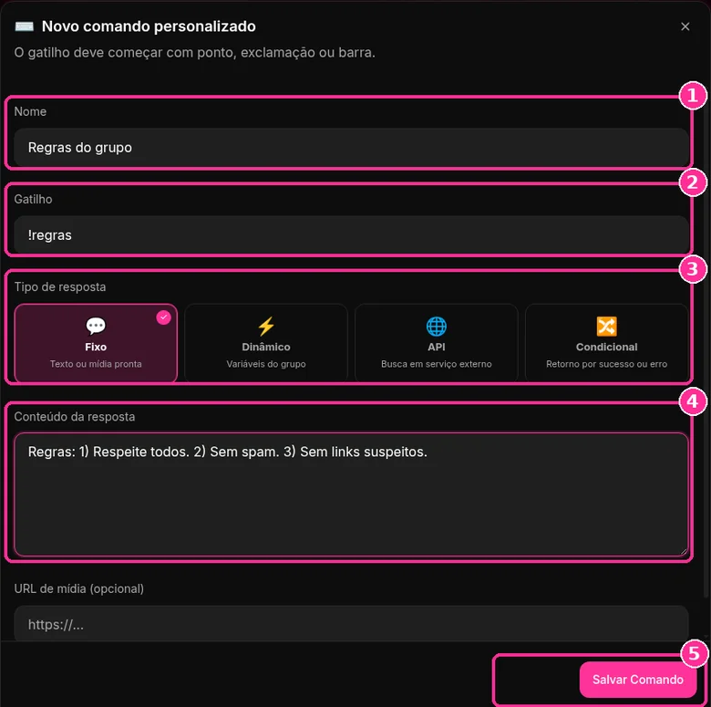 Janela Novo comando personalizado do 9bot com nome, gatilho, tipo e conteúdo da resposta