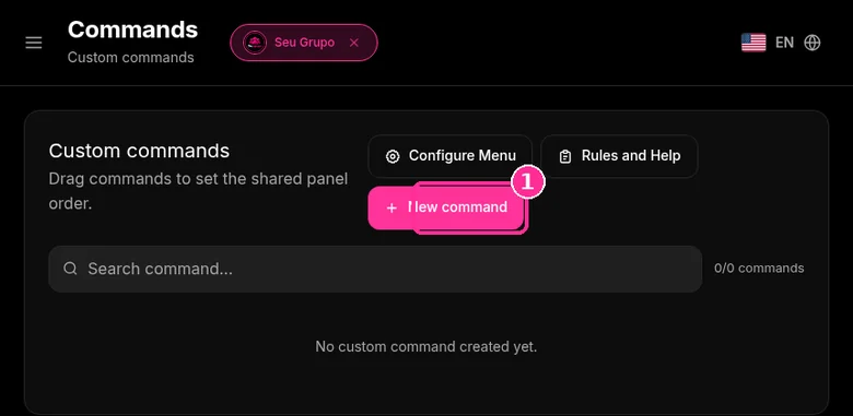9bot Commands page with the New command button