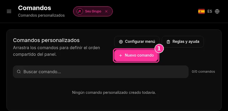 Página Comandos de 9bot con el botón Nuevo comando