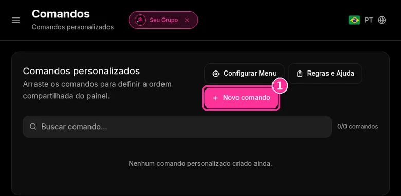 Página Comandos do 9bot com o botão Novo comando