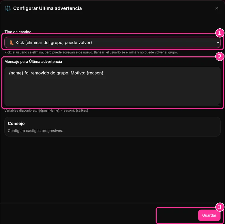 Ventana Configurar Última advertencia de 9bot con tipo de castigo y mensaje