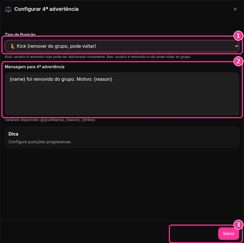 Janela Configurar 4ª advertência do 9bot com tipo de punição e mensagem