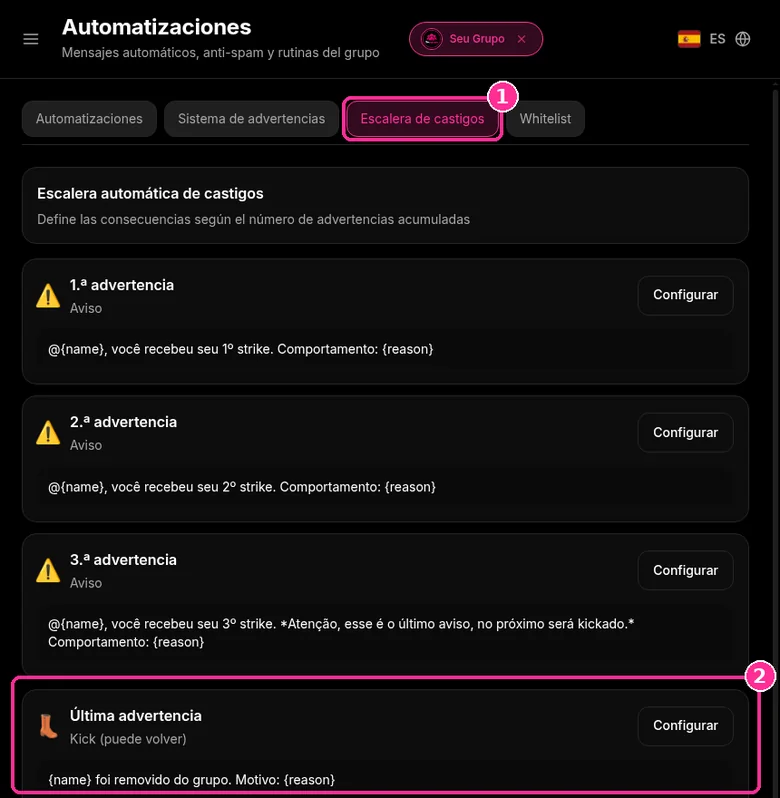 Pestaña Escalera de castigos de 9bot con cuatro niveles, el último con Kick