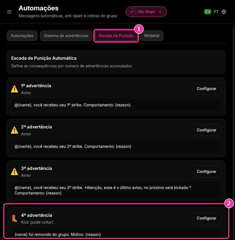 Aba Escada de Punição do 9bot com quatro degraus, o 4º com Kick
