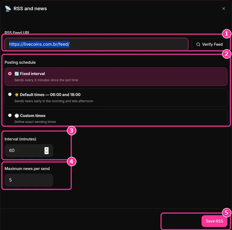 9bot RSS and news window with feed URL, schedule, interval and max per send