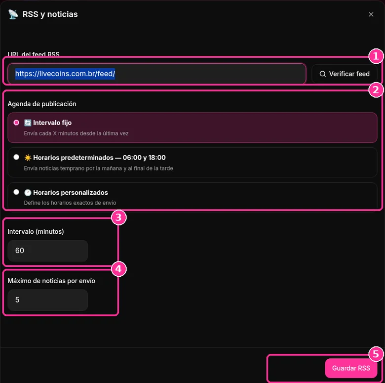 Ventana RSS y noticias de 9bot con URL del feed, agenda, intervalo y máximo por envío