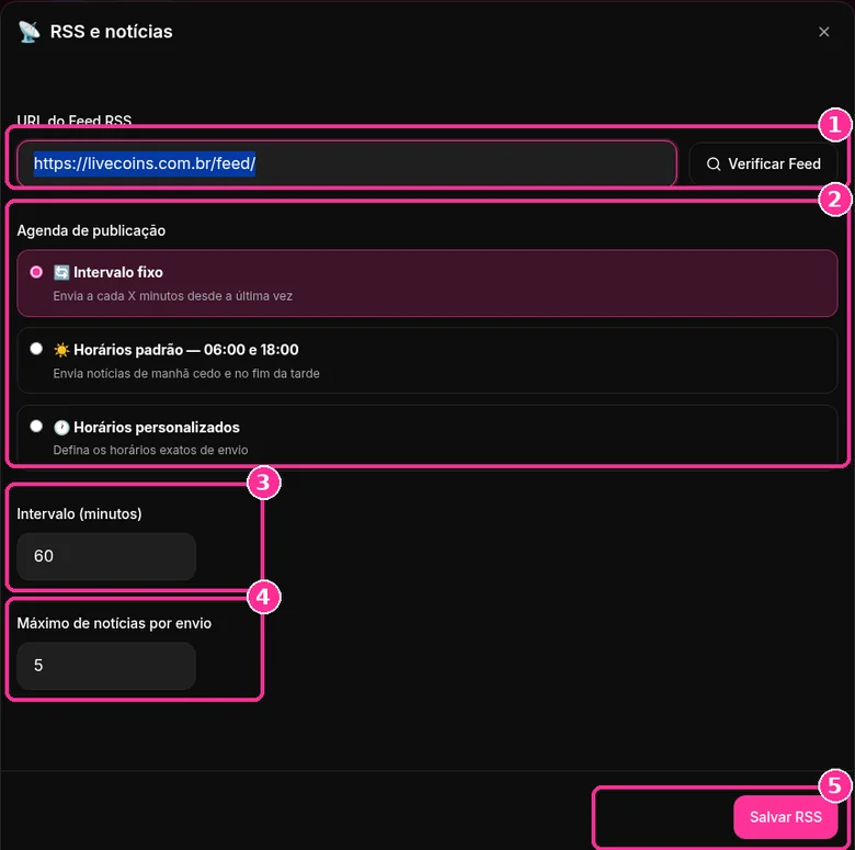 Janela RSS e notícias do 9bot com URL do feed, agenda, intervalo e máximo por envio