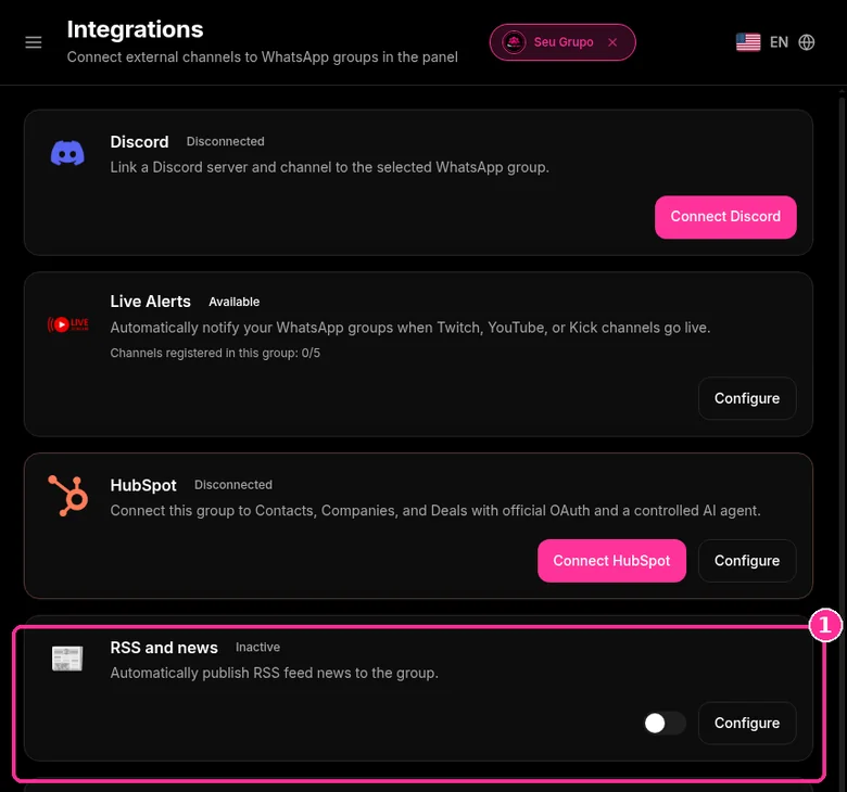 9bot Integrations page with the RSS and news card highlighted