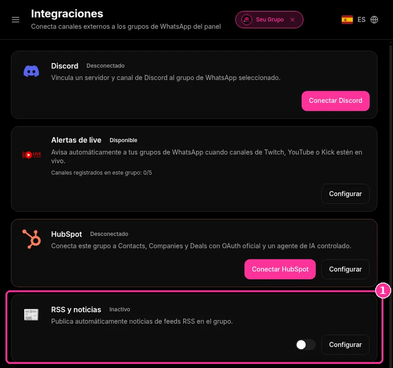 Página Integraciones de 9bot con la tarjeta RSS y noticias destacada