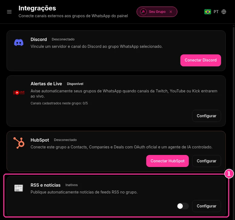 Página Integrações do 9bot com o card RSS e notícias destacado