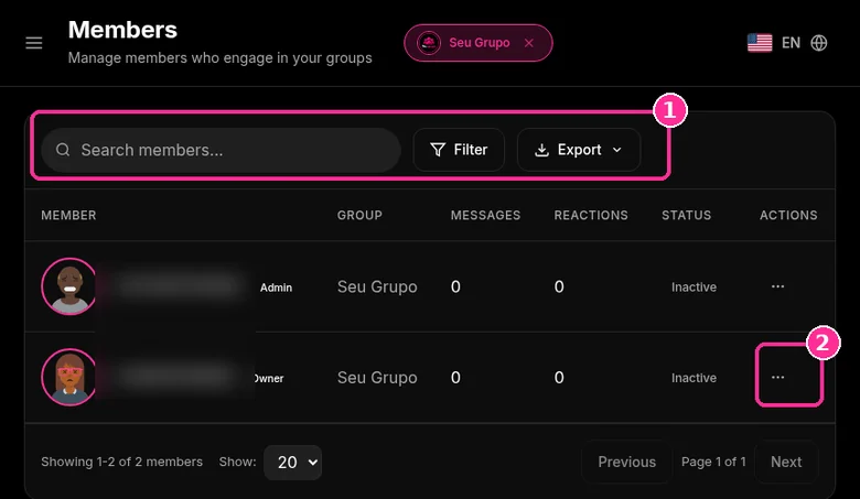 9bot Members page with search, Filter, Export and the Seu Grupo table, contacts blurred