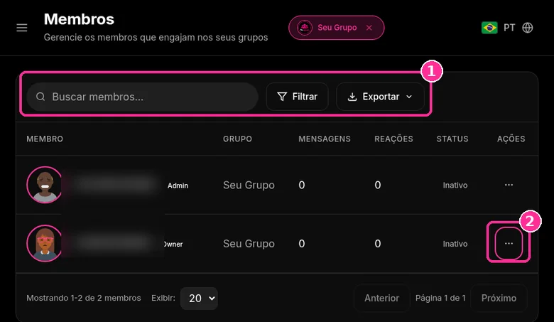 Página Membros do 9bot com busca, Filtrar, Exportar e tabela do Seu Grupo, contatos desfocados