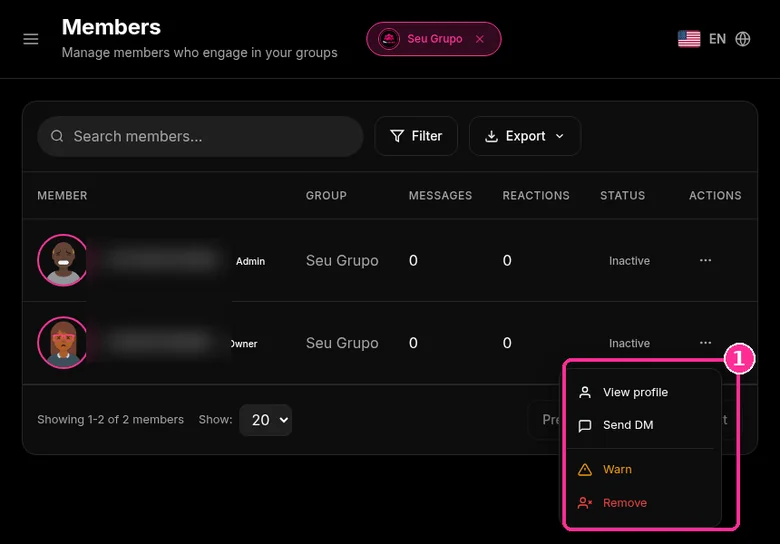 Member action menu in 9bot: View profile, Send DM, Warn and Remove