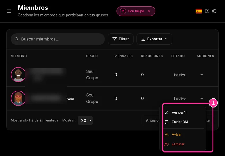 Menú de acciones de un miembro en 9bot: Ver perfil, Enviar DM, Avisar y Eliminar