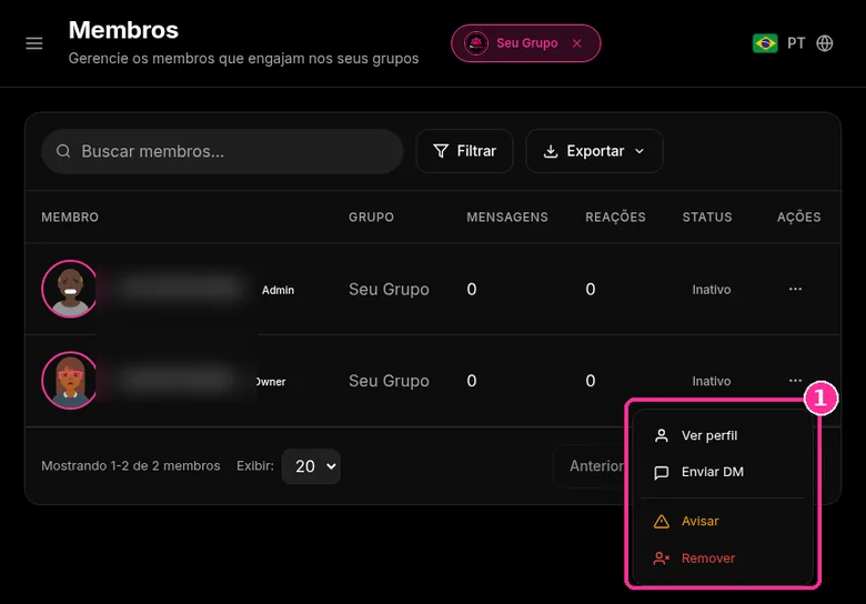 Menu de ações de um membro no 9bot: Ver perfil, Enviar DM, Avisar e Remover