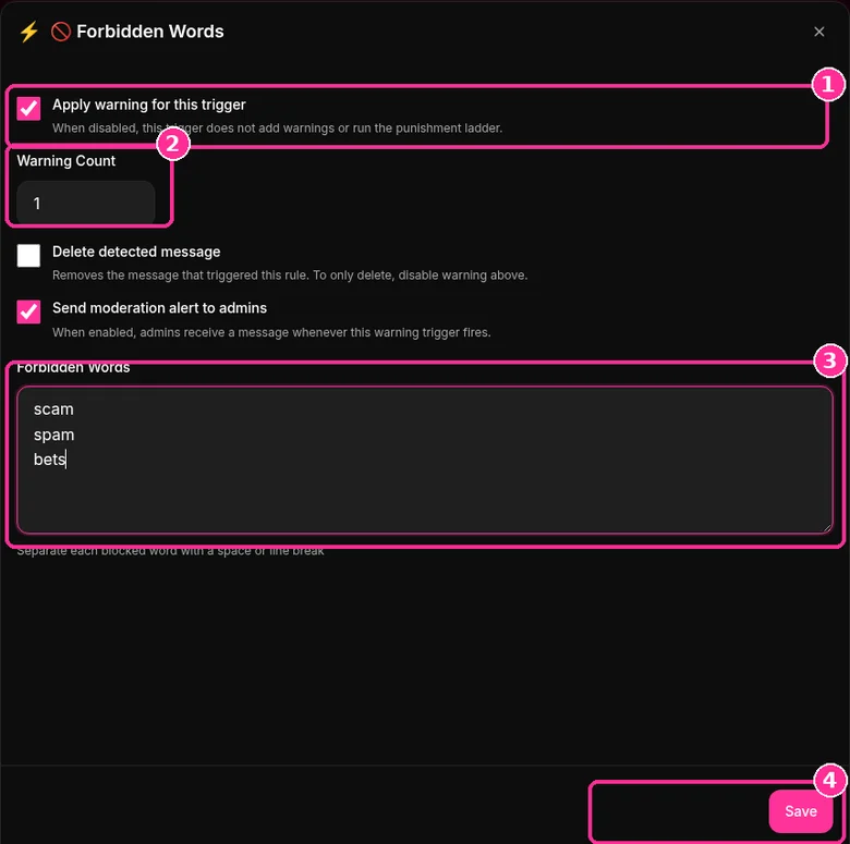 9bot Forbidden Words window with warning count and word list