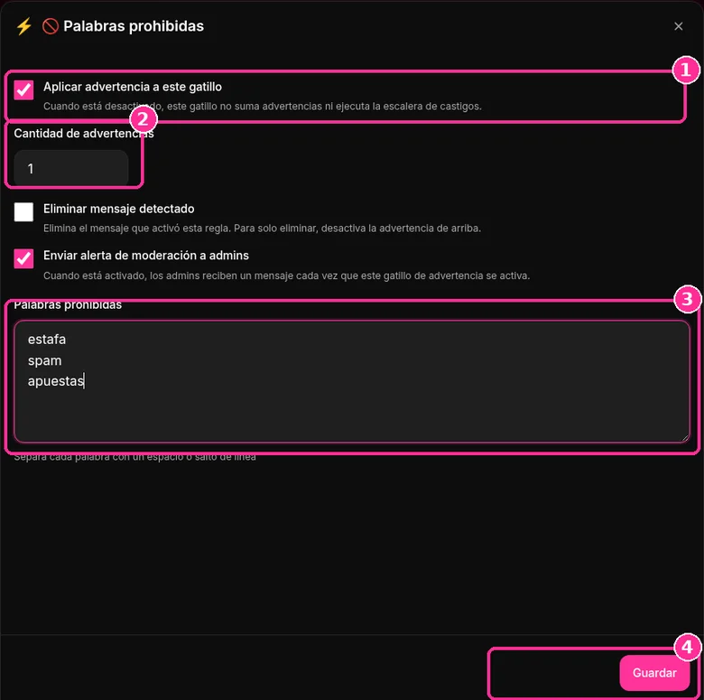 Ventana Palabras prohibidas de 9bot con cantidad de advertencias y lista de palabras