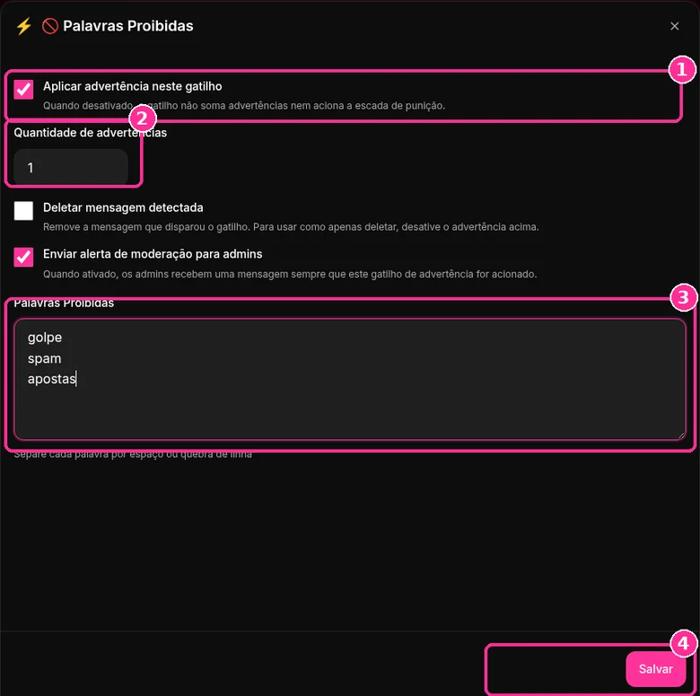 Janela Palavras Proibidas do 9bot com quantidade de advertências e lista de palavras